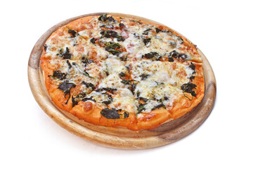 Topview Pizza spinach on a wooden platter. White background - 756331412