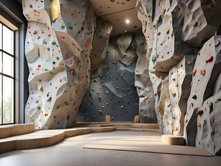 Interior of artificial rock climbing walls in gym.