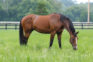 Naklejka na ściany i meble A brown horse is grazing in a field