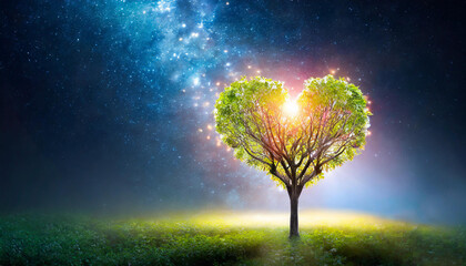 Glowing heart-shaped tree on meadow. Starry sky. Love, Valentine's Day, romantic