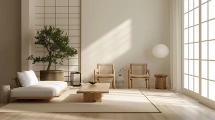 Fotobehang Living room of a traditional Japanese house with an elegant minimalist design. This living room is filled with a little furniture, such as a low table (chabudai) and chairs without backs (zabuton) © mohammad