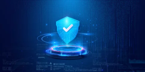 Fototapeten Futuristic Cybersecurity Shield Concept on Digital Background. Digital cybersecurity concept with a protective shield hologram over a circuit interface, symbolizing data protection. Secure service. © ZinetroN