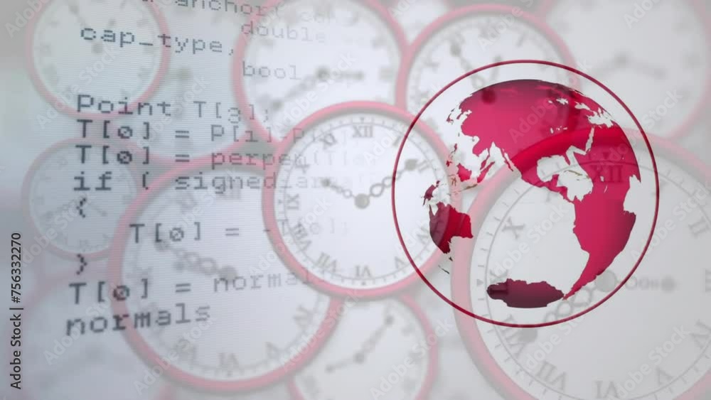 Poster animation of data processing and globe over clocks moving