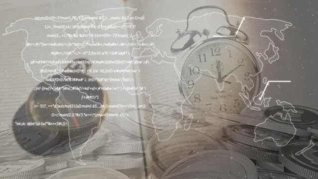 Animation of data processing and world map over clock and book
