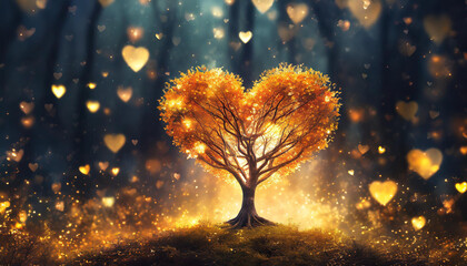 Naklejka premium Glowing golden heart-shaped tree on meadow. Fantasy forest. Love, Valentine's Day, romantic