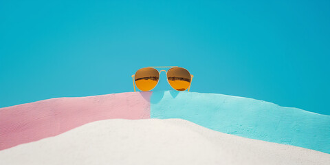 Obraz premium Sunglasses creative background. Summer vacation colorful tropical background in pastel bright colors. 