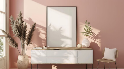 Square shape mockup photo frame metal border, on dresser in modern living room, 3d render