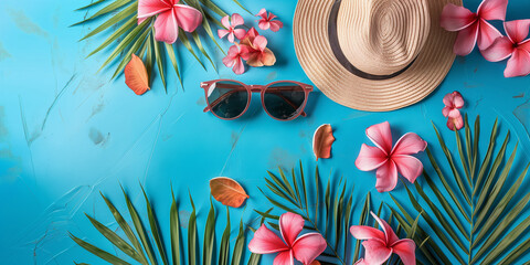 Summer vacation colorful tropical background in pastel bright colors. Straw hat, sunglasses and...