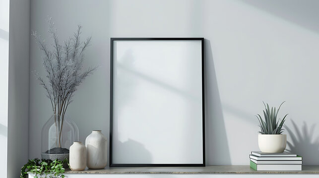 Square shape mockup photo frame glass border, on book shelf in modern living room, 3d render