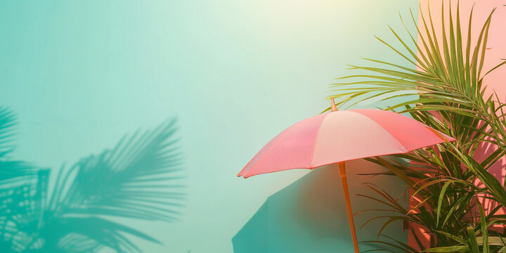 Pink umbrella on a turquoise blue background. Summer vacation colorful tropical background in pastel bright colors. 