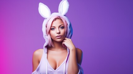 Beautiful young woman with colorful hair and rabbit ears 
