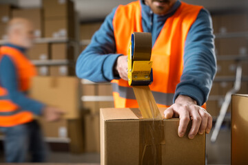 Warehouse employees preparing delivery boxes
