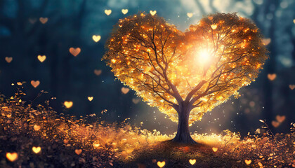 Glowing golden heart-shaped tree on meadow. Fantasy forest. Love, Valentine's Day, romantic