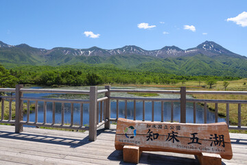 初夏の知床五湖と知床連山看板あり