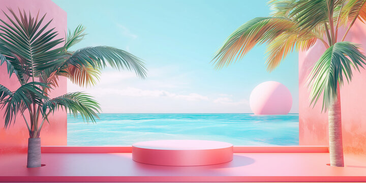 Mockup photography, pink podium for product presentation. Summer vacation colorful tropical background with palm trees on a pastel bright colors 