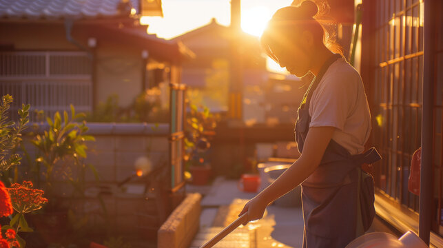 A young Japanese mother with neatly tied hair cleans her terrace with great dedication. With a clean and orderly terrace background, Ai generated Images
