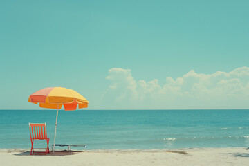 Deckchair and umbrella on the beach, retro style. Summer vacation colorful tropical background in pastel bright colors. 