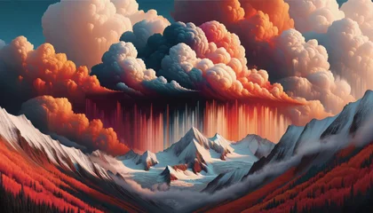 Poster A dramatic landscape with fiery clouds raining over snowy mountains and a forest with autumn foliage. © Clara