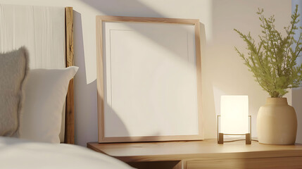 Fototapeta na wymiar Square shape mockup photo frame fabric border, on bedside table in modern living room, 3d render
