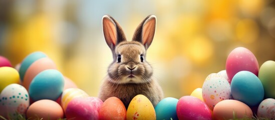 A happy rabbit is sitting amidst a pile of colorful Easter eggs, enjoying the festive event in the lush green grass. Nearby, a fawn and Easter bunny are also partaking in the recreation - obrazy, fototapety, plakaty