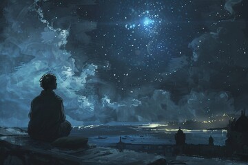 a person sitting on a ledge looking at a starry sky - obrazy, fototapety, plakaty