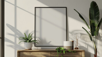 Square shape mockup photo frame glass border, on dresser in modern living room, 3d render