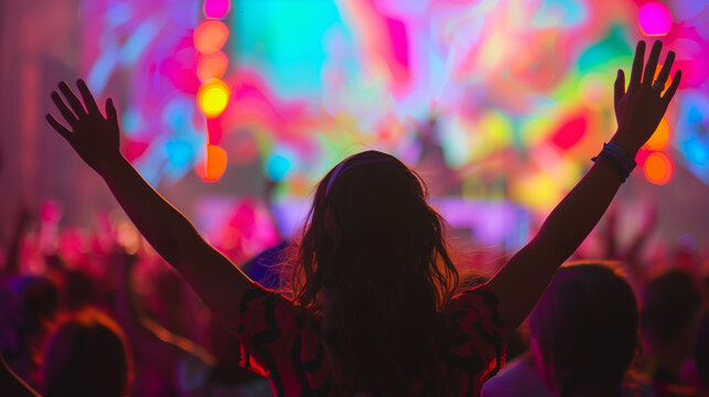 a young American woman who was enjoying a music concert enthusiastically. With a colorful stage backdrop and an enthusiastic audience, Ai generated Images