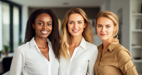 Fototapeta premium Confident three businesswoman in the modern office. Portrait of a successful business team. Concept of diversity in business life.