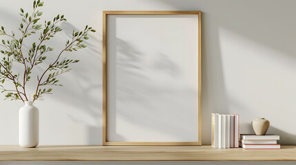 Square shape mockup photo frame bamboo border, on book shelf in modern living room, 3d render