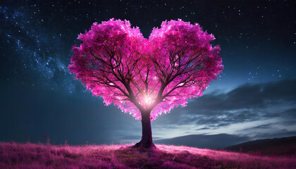 Beautiful pink heart-shaped tree on meadow. Starry sky. Fantasy world. Love, Valentine's Day
