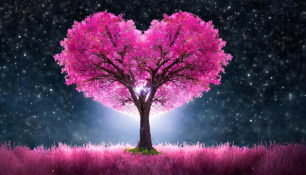 Beautiful pink heart-shaped tree on meadow. Starry sky. Fantasy world. Love, Valentine's Day