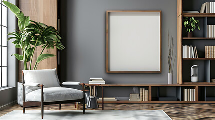 Square shape mockup photo frame wooden border, on bookcase in modern living room, 3d render