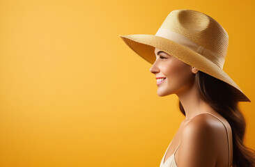 Banner. A woman with long hair in a floppy straw hat on an orange background. Free space for text
