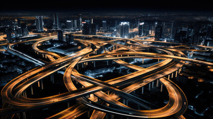 Fototapeta na wymiar top view , night , roundabout interchange of a city, Expressway is an important infrastructure