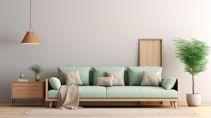 Naklejka premium Stylish interior design living room modern mint sofa wooden consol, cube, coffee table lamp
