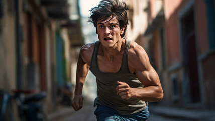 Fototapeta premium young man runner start running on road