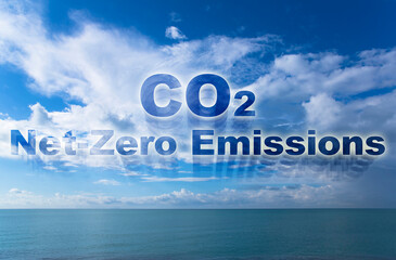 CO2 Net-Zero Emission concept with ocean on background - Carbon Neutrality concept - 2050 According...