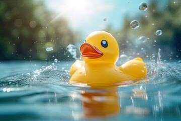 Yellow rubber duck floating on blue water on a hot summer day. Ai Generative