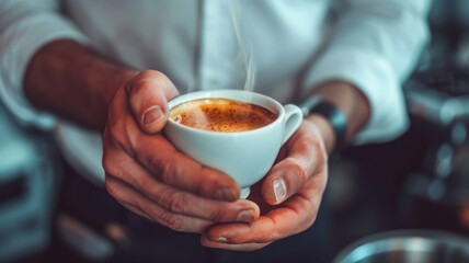 Close-up of  hands holding a steaming espresso cup focused on the cup with a blurred background of a rustic cafe - obrazy, fototapety, plakaty