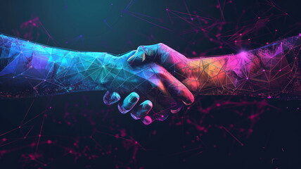 Handshake in digital futuristic style. The concept of partnership