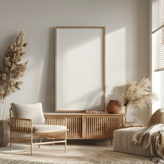 Empty frame mockup on living room wall. Mockup of an empty frame in the interior. Modern interior design in scandinavian style
