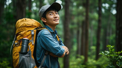 Young Asian traveling backpacker in forest