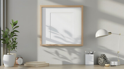 Square shape mockup photo frame wooden border, on study desk in modern living room, 3d render