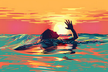 Vector illustration of a person struggling in the water, gradient colors, 