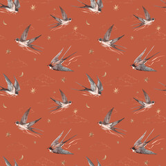 Beautiful seamless pattern with hand drawn watercolor swallows. Martin birds. Stock illustration.