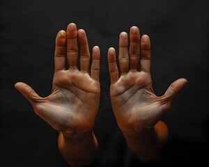 Two hands with a black background. The hands are open and facing each other