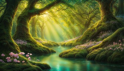 green forest and water lake fantasy. wallpaper painting background - obrazy, fototapety, plakaty