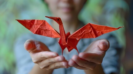A woman is holding a paper origami of a red bird - Powered by Adobe