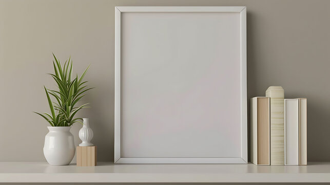 Square shape mockup photo frame plastic border, on book shelf in modern living room, 3d render