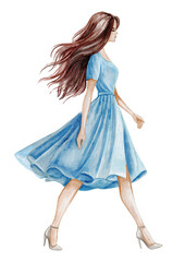 Walking girl with long brown hair in a blue dress in profile with heels. Watercolor illustration